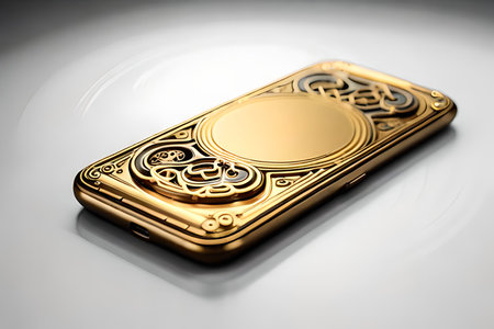 Golden mobile phone on a white background. 3D illustration. Selective focus.の素材