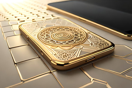 Smartphone with gold pattern , arabic ornaments on the golden background. 3D illustration. Luxury smartphone template ,Golden mobile phone on a gold background. 3d template.の素材
