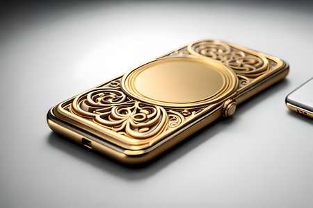 Smartphone with gold pattern , arabic ornaments on the golden background. 3D illustration. Luxury smartphone template ,Golden mobile phone on a gold background. 3d template.の素材