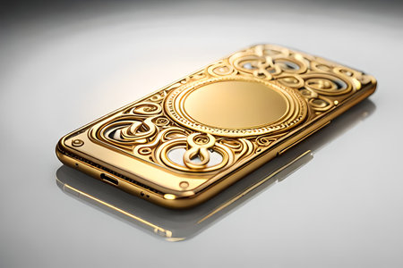 Smartphone with gold pattern , arabic ornaments on the golden background. 3D illustration. Luxury smartphone template ,Golden mobile phone on a gold background. 3d template.の素材