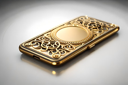 Smartphone with gold pattern , arabic ornaments on the golden background. 3D illustration. Luxury smartphone template ,Golden mobile phone on a gold background. 3d template.の素材