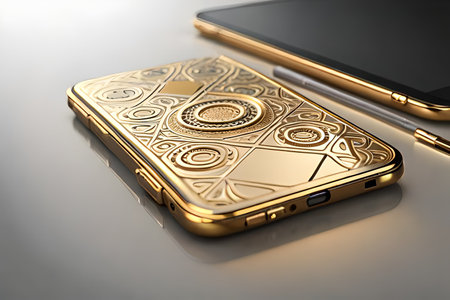Smartphone with gold pattern , arabic ornaments on the golden background. 3D illustration. Luxury smartphone template ,Golden mobile phone on a gold background. 3d template.の素材
