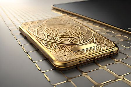 Smartphone with gold pattern , arabic ornaments on the golden background. 3D illustration. Luxury smartphone template ,Golden mobile phone on a gold background. 3d template.の素材
