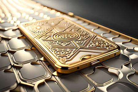 Smartphone with gold pattern , arabic ornaments on the golden background. 3D illustration. Luxury smartphone template ,Golden mobile phone on a gold background. 3d template.の素材