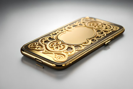 Smartphone with gold pattern , arabic ornaments on the golden background. 3D illustration. Luxury smartphone template ,Golden mobile phone on a gold background. 3d template.の素材