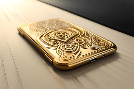Smartphone with gold pattern , arabic ornaments on the golden background. 3D illustration. Luxury smartphone template ,Golden mobile phone on a gold background. 3d template.の素材