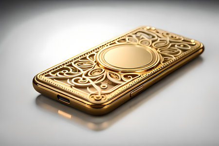 Smartphone with gold pattern , arabic ornaments on the golden background. 3D illustration. Luxury smartphone template ,Golden mobile phone on a gold background. 3d illustration.の素材