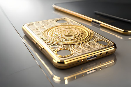 Smartphone with gold pattern , arabic ornaments on the golden background. 3D illustration. Luxury smartphone template on a mirror table. 3d renderingの素材