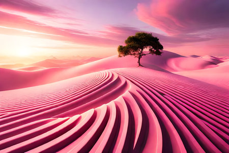 Tree on the sand dunes in the pink desert. 3d renderingの素材