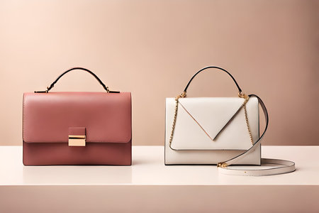 Luxury leather handbags on white table against beige backgroundの素材