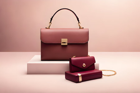 Luxury leather female bag and clutch on a pink background.の素材