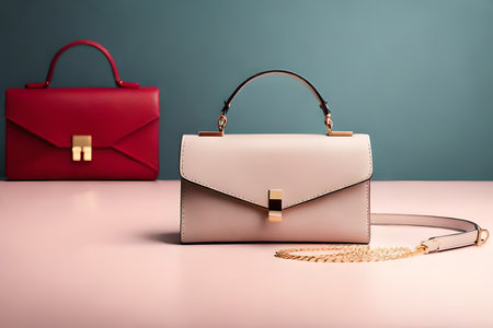 Fashionable women's bag and accessories on a pink background.の素材