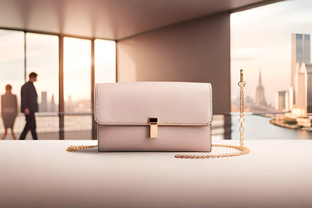 Luxury leather clutch on a white table in front of a panoramic window overlooking the cityの素材