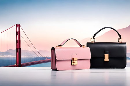 Pink leather bag and golden gate bridge in the background. 3d renderingの素材