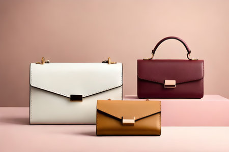 Three women's leather handbags on a pink background. 3d renderingの素材
