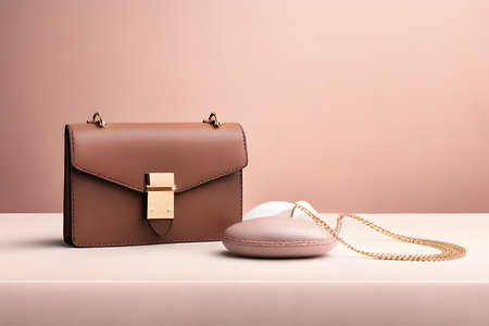 Luxury leather bag and clutch on a pink background. Fashionable concept.の素材