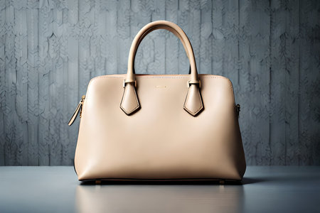 Beige leather clutch bag on the table. 3d rendering.の素材