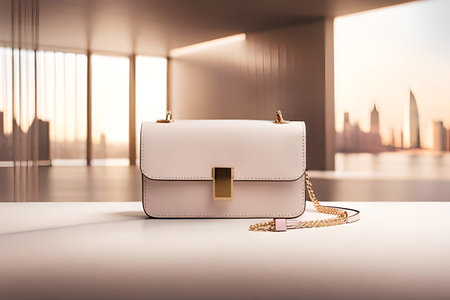 Luxury leather handbag on a white table with city view backgroundの素材