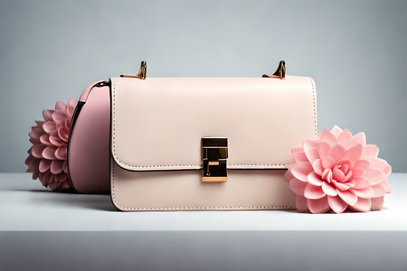Fashionable pink leather clutch and pink flower on gray background.の素材