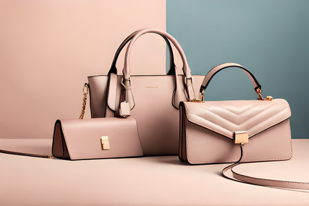 Ladies handbags on pastel background. 3D rendering.の素材