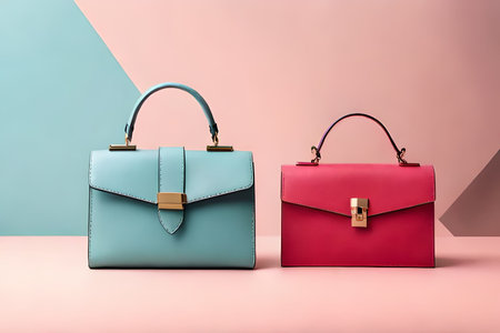 Two women's handbags on a pink and blue background. fashion conceptの素材