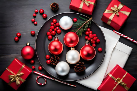 Christmas table setting with red and white baubles and decorations on black wooden backgroundの素材