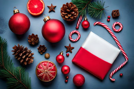 Christmas or New Year background. Gifts, fir branches, red balls, candy canes and cones on blue backgroundの素材
