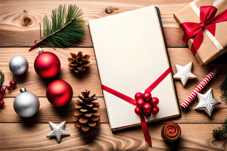 Christmas greeting card on wooden background. Top view with copy space.の素材