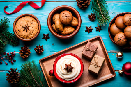 Christmas and New Year holiday background with cup of coffee, cookies, gingerbread cookies and decorations on blue wooden table.の素材