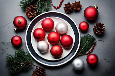 Christmas table setting with red and silver baubles on black background.の素材