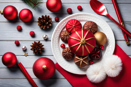 Christmas table setting with red and gold decorations on wooden background. top viewの素材