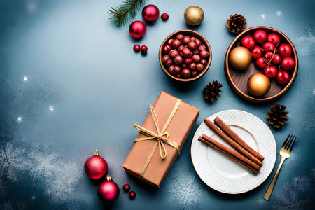 Christmas table setting with christmas decorations and gift box on blue backgroundの素材