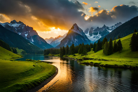Mountain lake in the Alps at sunset. Dolomites, Italyの素材