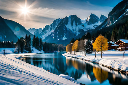Fantastic winter landscape with snow covered alpine lake and mountains in background, Dolomites, Italyの素材