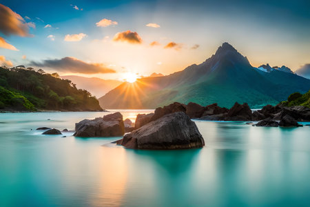 Beautiful seascape with mountain and rocks at sunset. nature backgroundの素材