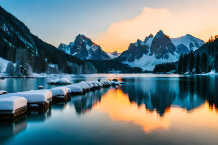 Fantastic winter landscape of Hintersee lake with snow covered mountains at sunrise, Dolomites, Italyの素材