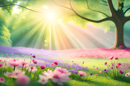 Beautiful spring landscape with flowers and sunbeams. nature backgroundの素材