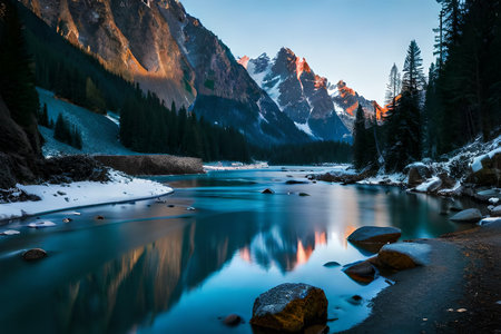 Beautiful mountain lake with crystal clear water and snow-capped peaks in the backgroundの素材