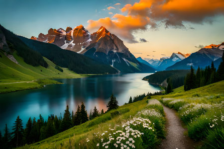 Beautiful alpine landscape with lake and mountains at sunset. Dolomites, Italyの素材
