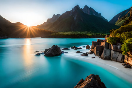 Beautiful view of the lake at sunrise, Torres del Paine National Park, Chileの素材