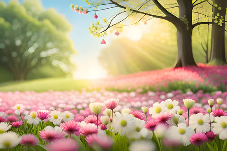 Beautiful spring flowers in the meadow. 3d rendering.の素材