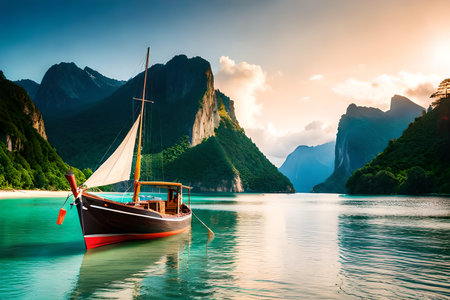 Traditional longtail boat on the turquoise water of Halong bay, Vietnamの素材
