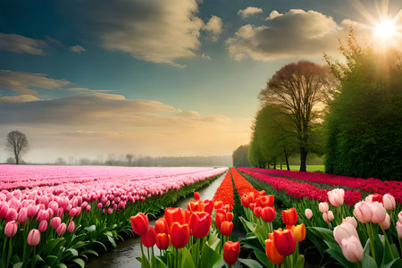 Tulip fields in Holland, Netherlands. Spring landscape with colorful tulips.の素材