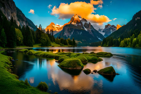 Fantastic summer view of famous Dolomites mountain lake, Italy, Europe. Beauty world.の素材