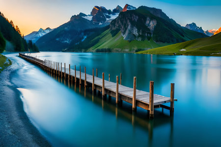 Wooden jetty on the lake in the Dolomites, Italyの素材