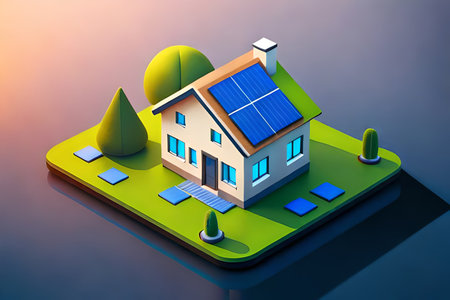 3d isometric style render of house with solar panels on the roof , Green energy.の素材