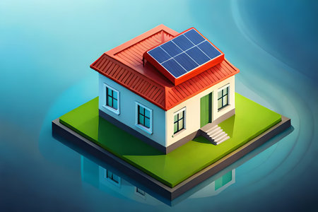 House with solar panels in the form of a house on a blue backgroundの素材