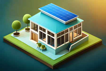3d isometric house with solar panels on roof and green lawnの素材