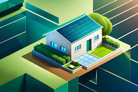 House with solar panels on the roof. Vector isometric illustration.の素材