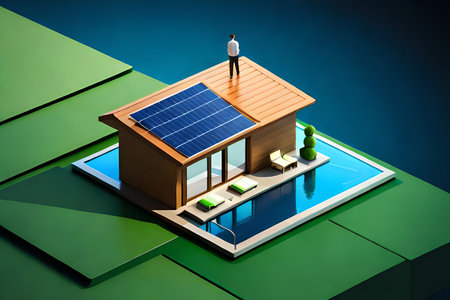 3d man standing on the roof of a house with solar panelsの素材